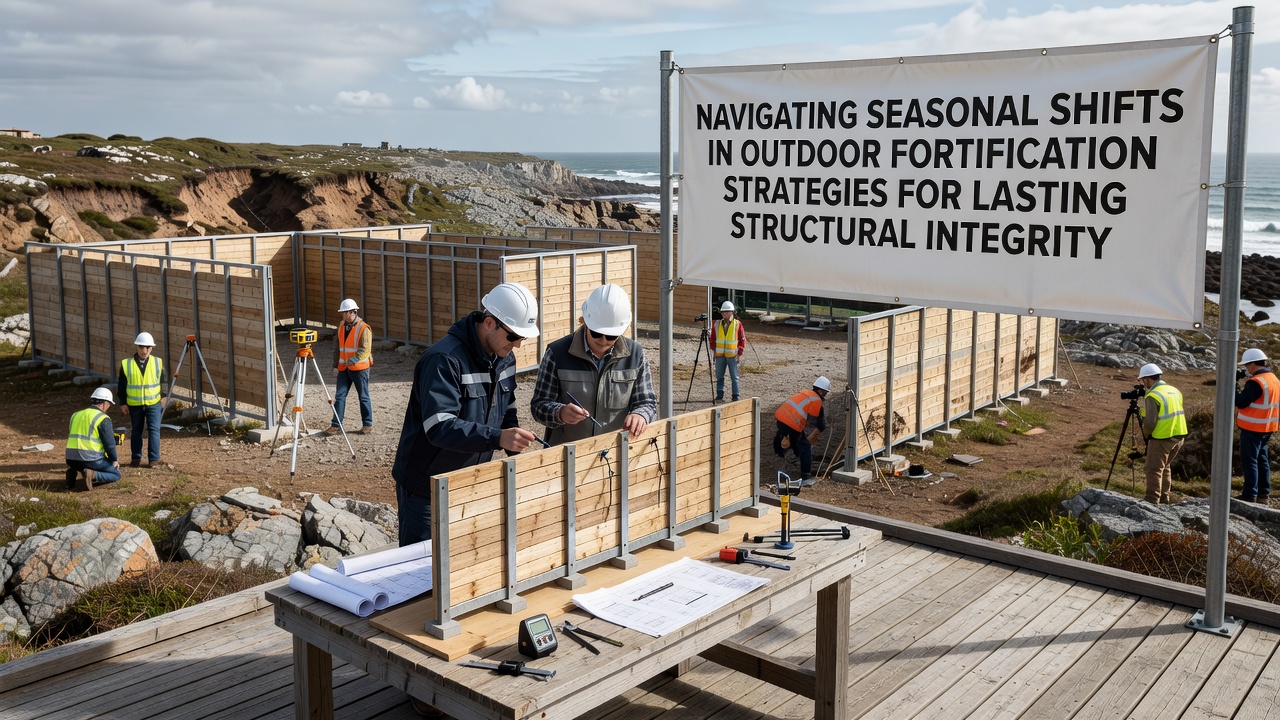 Reinforced outdoor deck with seasonal drainage channels and protective barriers in place